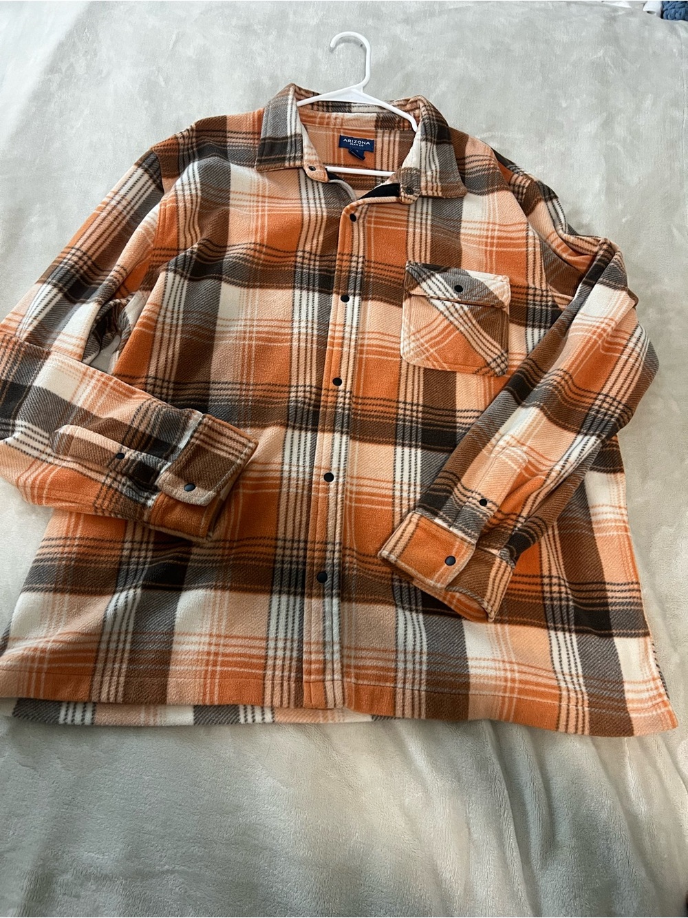 Arizona Jean Company Orange Brown Plaid Utility Jacket Button Up Unisex Sz XL
